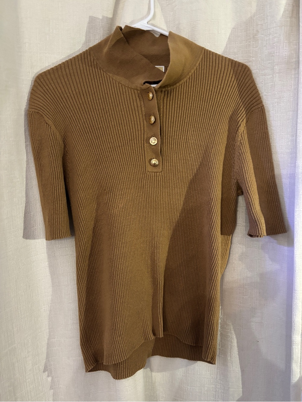 Michael Kors Camel Ribbed Short-Sleeve Pullover with Button Placket